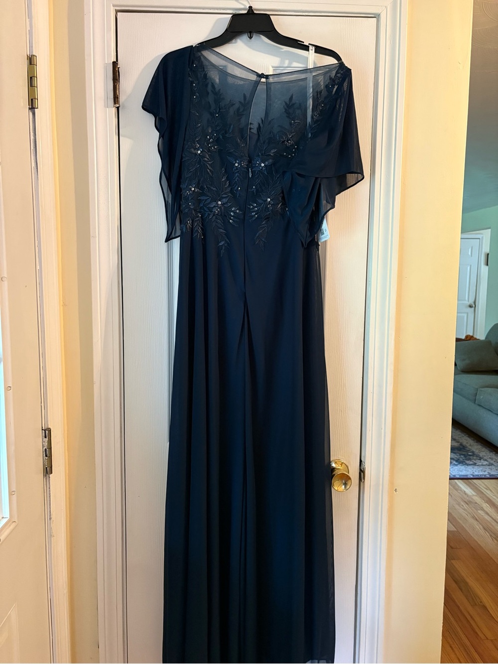 Navy Beaded Maxi Dress with Sheer Flutter Sleeves